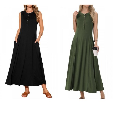 Женские платья INSPIRE CHIC Women's Sleeveless Button Fit Flare A-Line Flowy Casual Long Dress Army Green Small 2 Packs Army Green/Black Medium