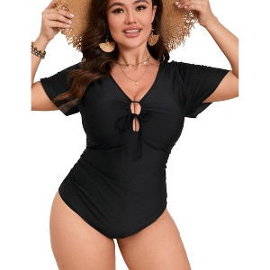 Women Plus Size One Piece Swimsuits Tummy Control Bathing Suits V Neck Ruffle Sleeve Swimwear - 1 of 4