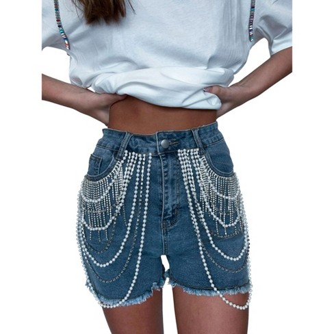 Women s Wrap Me In Pearls Denim Shorts Annes Apparel Target