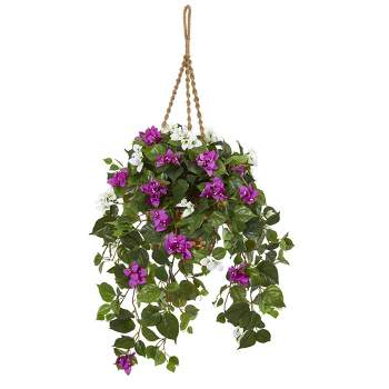 30" x 28" Artificial Mixed Bougainvillea Plant Hanging Basket Purple/White - Nearly Natural