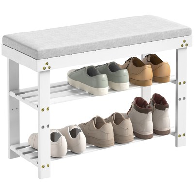 FONTOI 3-Tier Bamboo Shoe Rack Bench, Compact Storage Organizer Suitable for Entryway Bedroom Living Room Balcony, White, 11"*17.5"*27.5"