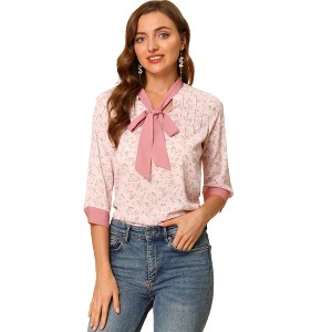 Allegra K Women's Floral Bow Tie V Neck Contrast Trim 3/4 Sleeve Vintage Blouse - 1 of 4