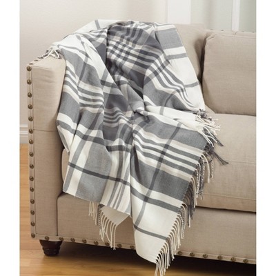 Cozy Gray Plaid Wool Throw with Tassels, 50" x 60"