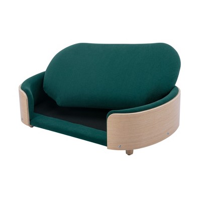 Gulches Scandinavian Style Large Dog Pet Sofa with Solid Wood Legs, Curved Wooden Back, Velvet Cushion in Green