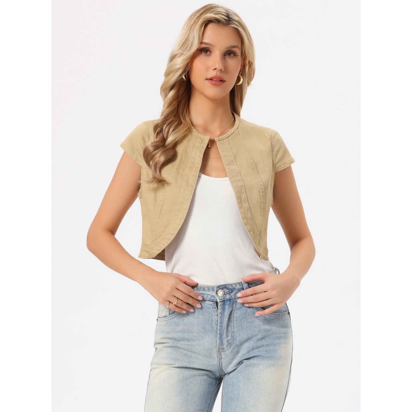 Женская куртка INSPIRE CHIC Cap Sleeve Slim Fit Summer Open Front Crop Denim Jacket Medium Khaki, цвет: Джинсовый — фото 3