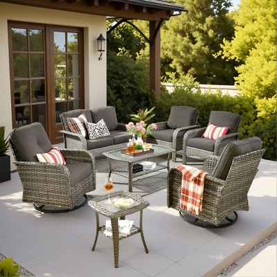 XIZZI Outdoor Patio Swivel Chair Conversation Set, 3/5/7/8 Piece Sofa Sets w/ Side Table, 360° Swivel Seats & Optional Coffee Table/Loveseat