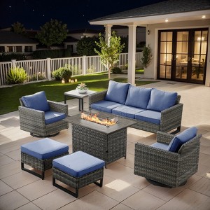 Buenhomino 7PCS Outdoor Patio Furniture Set,PE Wicker Patio Conversation Sets with 41" 50000BTU Fire Pit Table,Swivel Rocking Chairs Set - 1 of 4