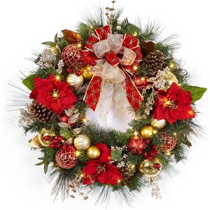 TackView 30" Christmas Wreath, Christmas Door Wreath with Balls, Outdoor Holiday Xmas Wreaths for Front Door Fireplace Decor - 1 of 4