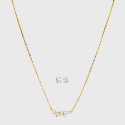 14k Gold Plated Cubic Zirconia Clustered Bar Necklace And Stud Earrings