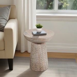 Wood Accent Table with Carved Textured Base in Finish - Coastal Style Tall for Living Room, Bedroom or Office Decor - 20" White - 1 of 4