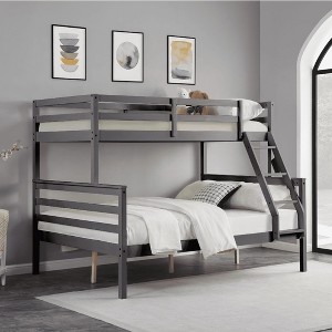 MAYEERTY Twin over Full Bunk Bed with Ladder, Wooden Bed Frame with High Guardrail and Ladder for Kids, No Box Spring Needed, Grey - 1 of 4