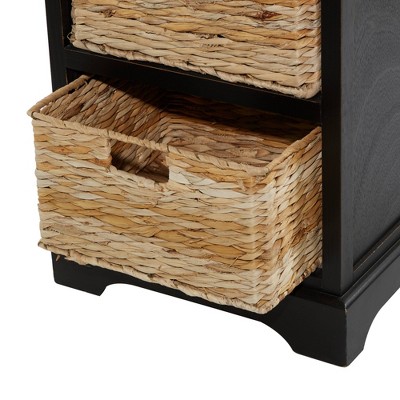 Black Pinewood Accent Table with Wicker Basket Drawers