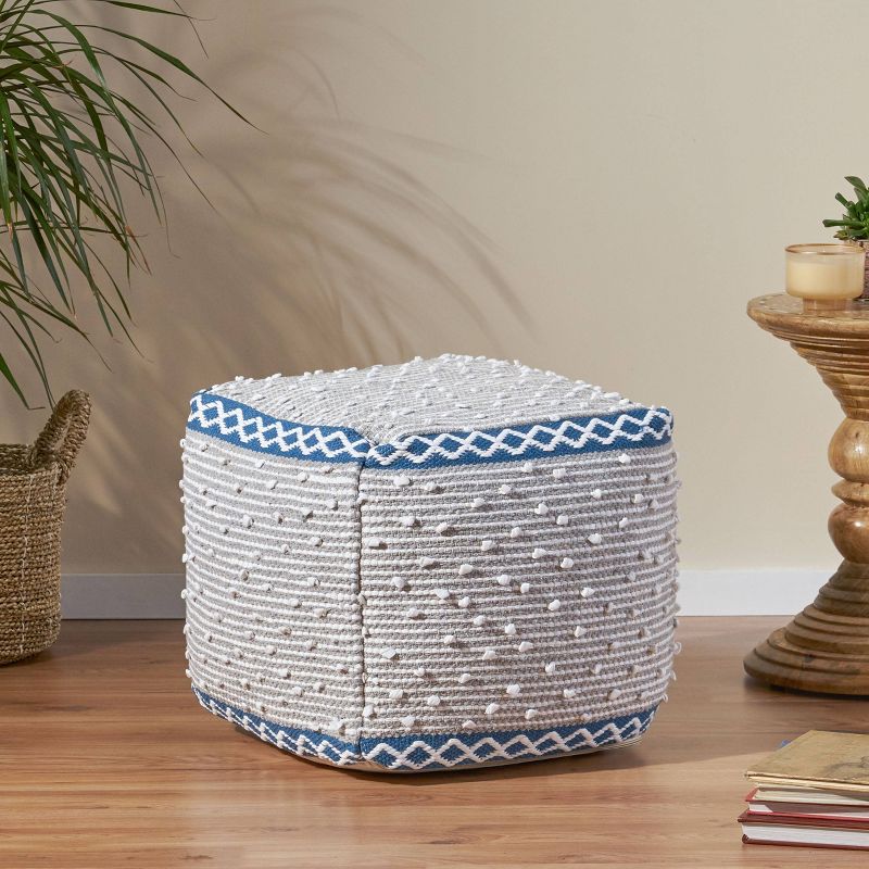 Boone Hand Crafted Cotton Cube Pouf Gray/Blue/White - Christopher Knight Home, 3 of 9