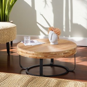 Lovmor 33.86"Modern Retro Splicing Round Coffee Table,Fir Wood Table Top with Gold Cross Legs Base - 1 of 4