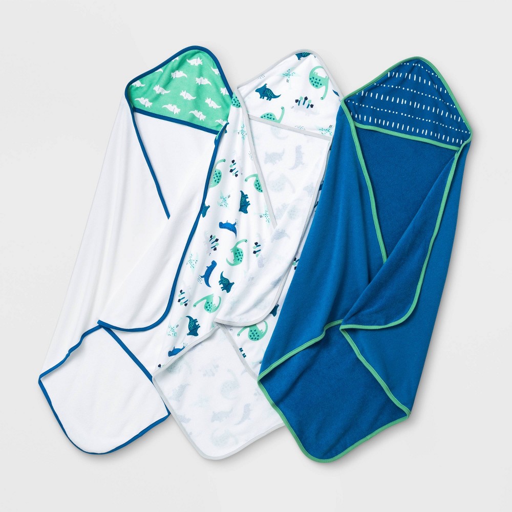 Baby Boys' 3pk Dino Hooded Bath Towel Set - Cloud Island Blue