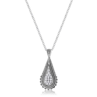 ShineHigh .37 Ct Tear Drop Rhodium Pendant Necklace with Clear Cubic Zirconia and Textured Frame – Elegant Vintage-Inspired Design