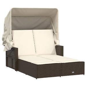 vidaXL Double Sun Lounger with Canopy-Brown Poly Rattan-Adjustable-Comfort Cushions-Weather-Resistant - 1 of 4