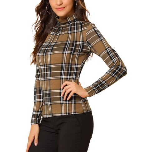 Allegra K Women's Long Sleeve Pleated Front Turtleneck Stretch Slim Plaid  Blouse Brown Large : Target