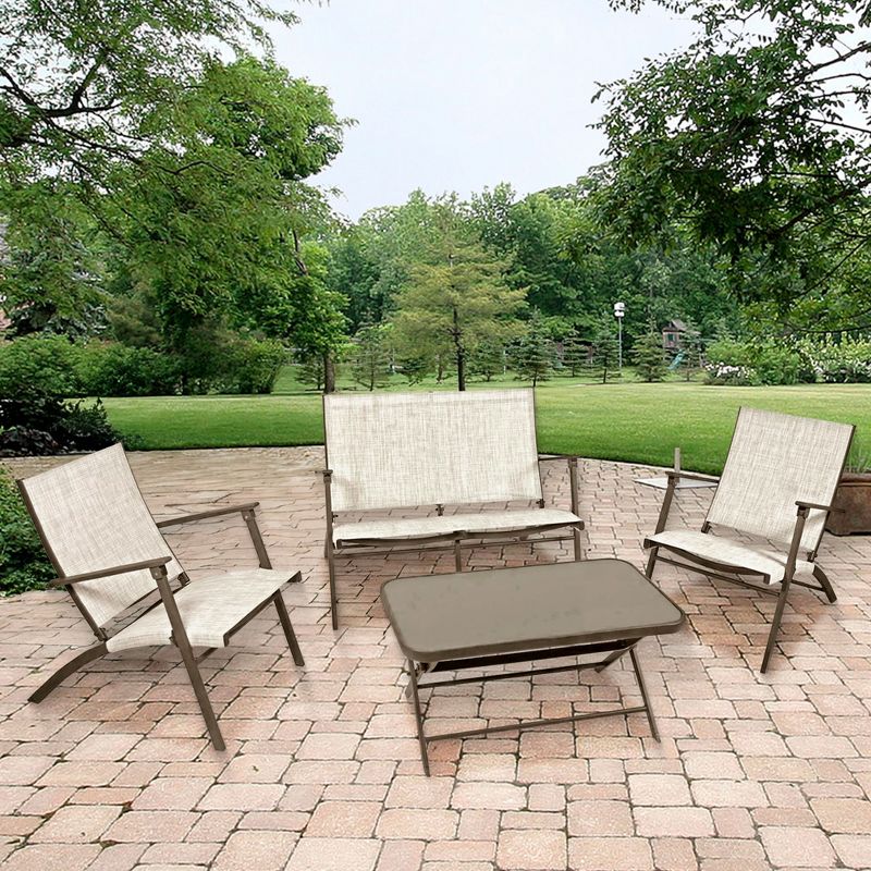 Four Seasons Courtyard Novara 4 Piece Steel Folding Outdoor Conversation Set with 2 Folding Chairs, 1 Loveseat, and 1 Table, Tan/Espresso, 5 of 7