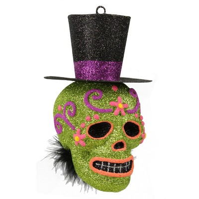 Gallerie II 6" Day of the Dead Glittered Skull with Top Hat Halloween Ornament - Green/Black