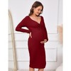WhizMax Maternity Women's Ribbed Knit Adjustable Drawstring Halter Tie V Neck Long Sleeve Side Slit Midi Dress For Baby Shower - 3 of 4