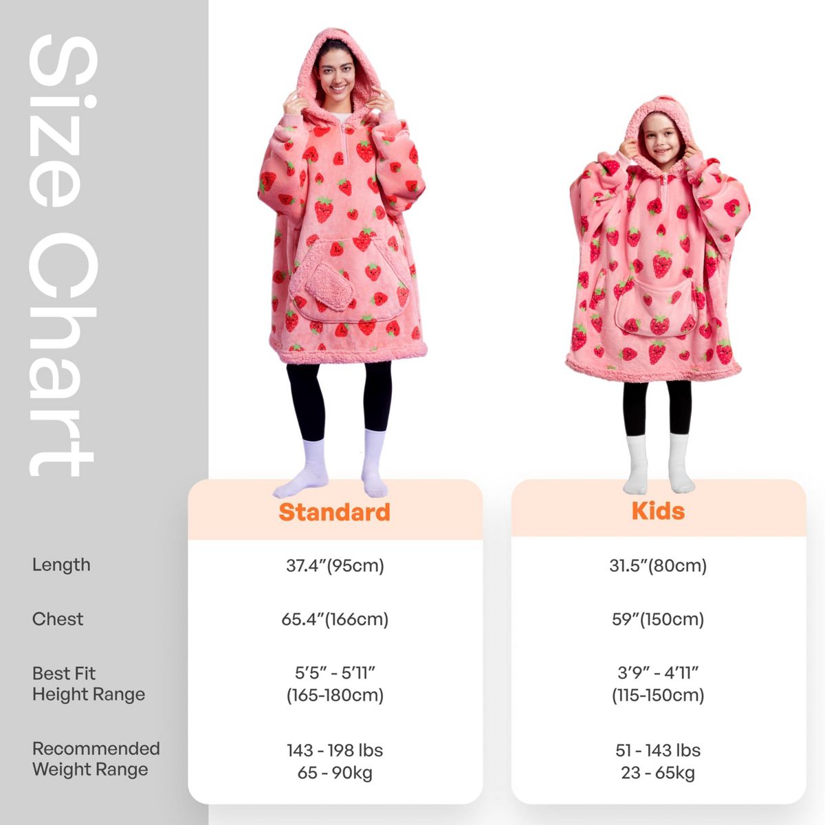 Joyfy Strawberry Cow Wearable Blanket Hoodie, Oversized Soft Fleece Hooded Blanket, Cozy Sweatshirt Gifts with Giant Pocket and Sleeves for Kids Girls - thumbnail 5