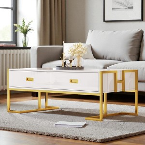 Mshliw Rectangular Coffee Table with 4 Storage Drawers and Gold Metal Base, Dining Table, Sofa Table, MDF Top, 47.3'' Living Room Table - 1 of 4