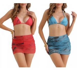 INSPIRE CHIC Women's Tie Dye Halter Tie Back Triangle Bottom Cover Up Skirt Swimwear Bikini 2 Sets - 1 of 4