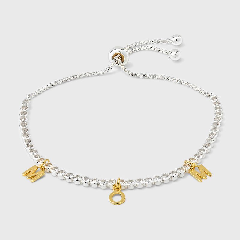 Silver Plated Two Tone &#34;Mom&#34; Cubic Zirconia Tennis Bracelet with Bolo Closure Bracelet - Silver/Gold, 3 of 5