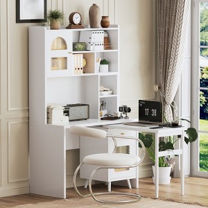 L Shaped Computer Desk With Hutch, Office Desk with 90 Degree Rotating Desktop, Corner Gaming Desk with Storage, Writing Table for Home Office - 1 of 4