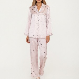 Anna-Kaci Lounge Women's 2-Piece Set Polka Dot Satin Button Front Pajama Top with Ruffle Trim and Matching Relaxed Fit Lounge Pants - 1 of 4