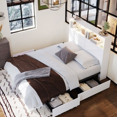 FUFU&GAGA White Queen - Size Bed,Headboard with LED Lights,Socket,and Under - Bed Storage Drawers