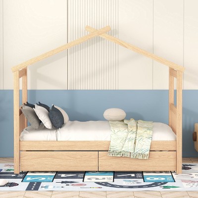 CAVINAS Twin/Full Size House Bed Frame with Drawers,Solid Wood Floor Bed for Kids Room,Bedroom