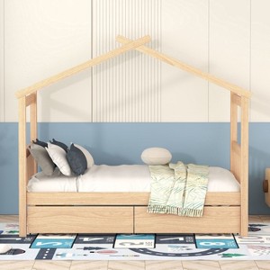 CAVINAS Twin/Full Size House Bed Frame with Drawers,Solid Wood Floor Bed for Kids Room,Bedroom - 1 of 4