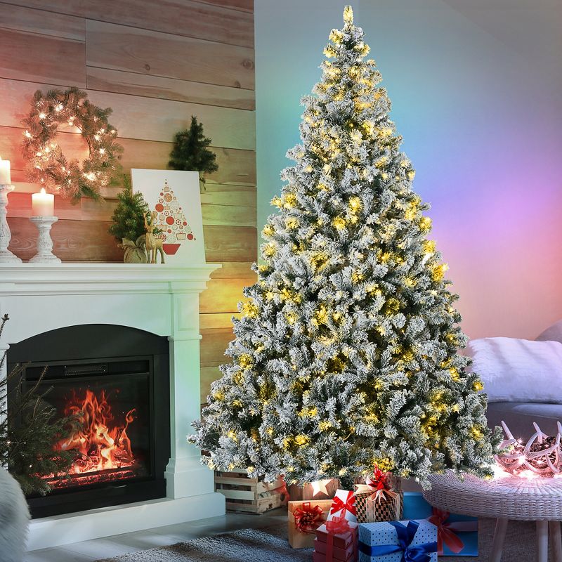 HOMCOM 9 FT Prelit Artificial Christmas Tree Holiday Decoration with Snow-flocked Branches, Warm White or Colorful LED Lights, 2 of 7
