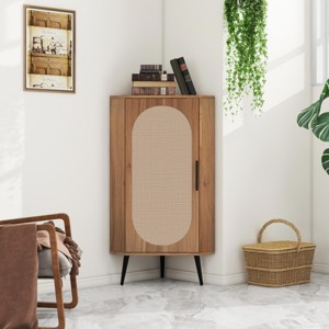 Walnut Small Corner Cabinet with Rattan Door, Short Freestanding 2-Tier Corner Storage Organizer for Small Spaces - Panipeachy - 1 of 4