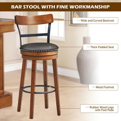 Brown Swivel Bar Stool with Leather Seat and Wood Legs