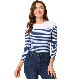 INSPIRE CHIC Women's Color Block Round Neck Long Sleeves Striped Basic T-Shirt - 1 of 4
