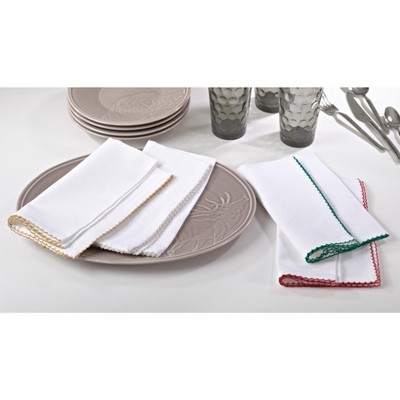 White Cotton Napkins with Red Whip Stitch Border, Set of 4