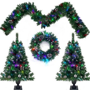 4-Piece Artificial Christmas Set, Garland, Wreath and Set of 2 Entrance Pre-lit Xmas Tree with LED Lights-ModernLuxe - 1 of 4