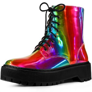 Allegra K Women's Round Toe Platform Lace Up Colorful Combat Ankle Boots - 1 of 4