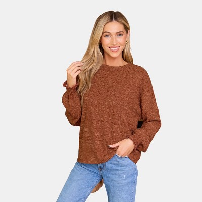 Women's Orange Round Neck Long Sleeve Ruffle Cuff Sweater - Cupshe