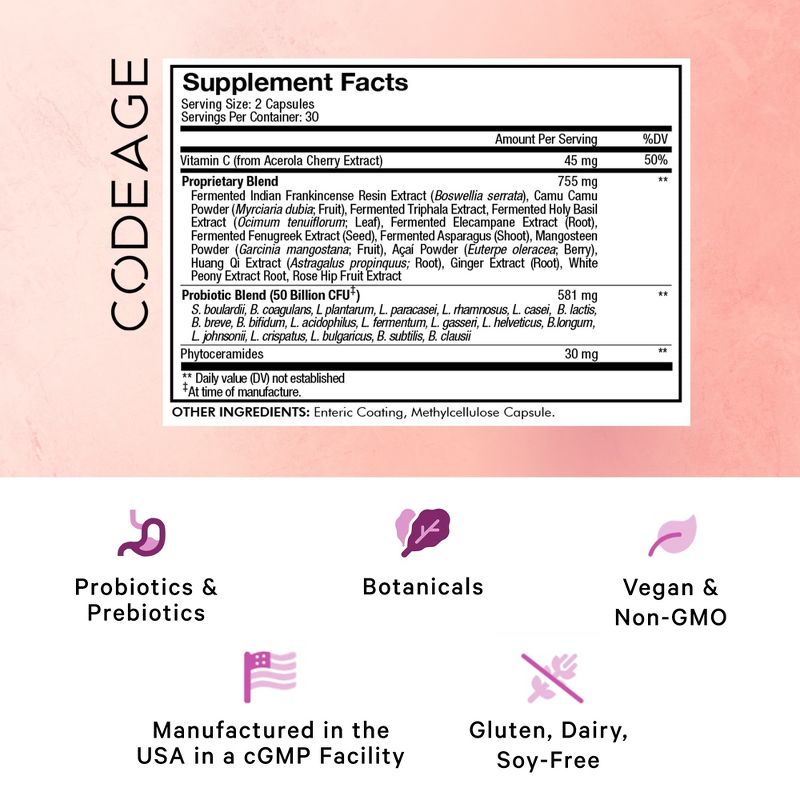 Codeage Skin Probiotics 50 Billion CFU + Prebiotics Supplement for Men & Women - 60ct, 3 of 12