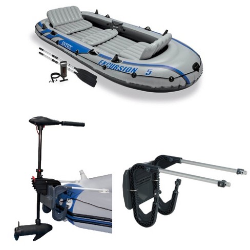 Intex Excursion 5 Person Inflatable 12V Transom Mount Boat Trolling Motor  Boat with 2 Aluminum Oars, Pump, and Motor Mount Kit