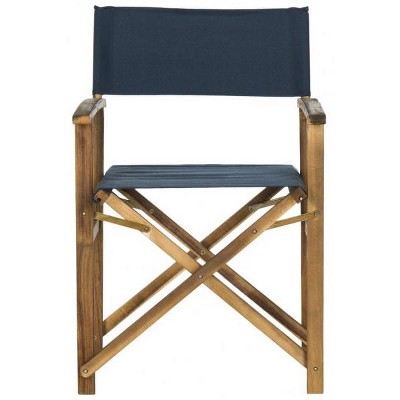 Natural Teak Brown and Navy Acacia Wood Director Arm Chairs, Set of 2