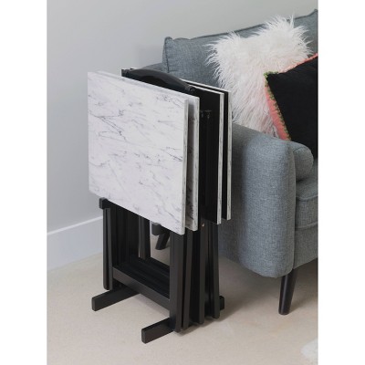 Talia 26.4" White and Black Faux Marble Tray Table Set