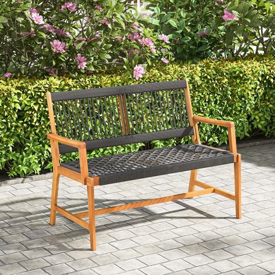 Natural Acacia Wood and Black Rope Woven Outdoor Bench