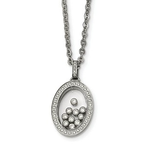 Black Bow Jewelry Stainless Steel, Glass and Floating CZ Oval Necklace, 18 Inch - 1 of 4