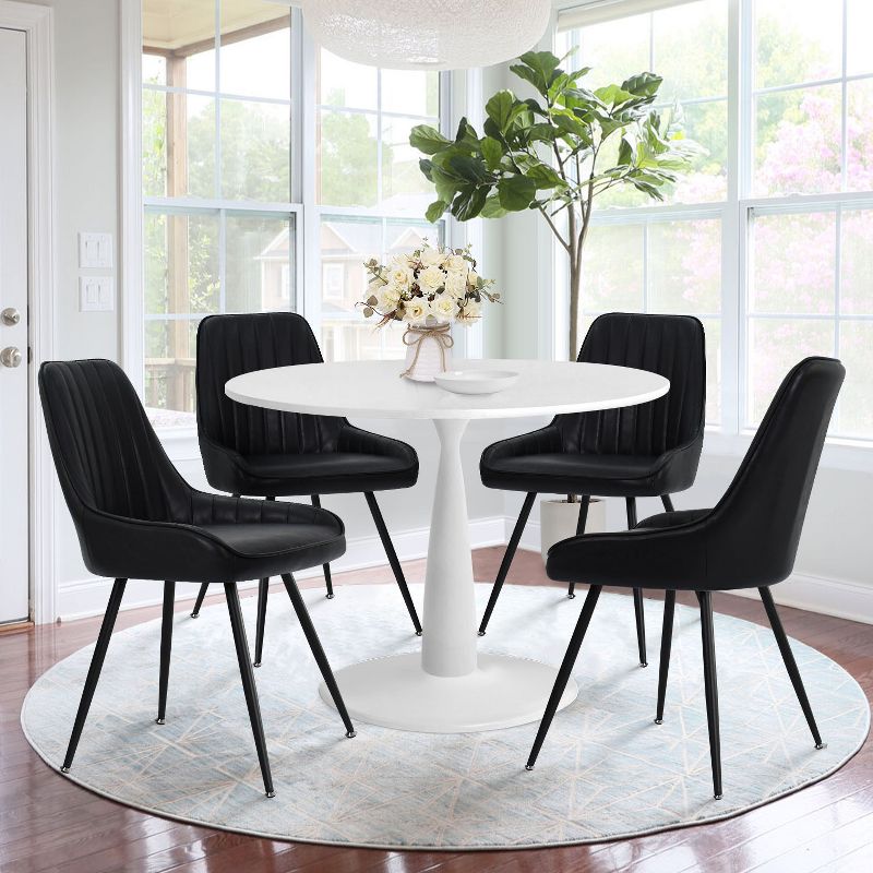 White Round Dining Table Set For 4,Round Pedestal Dining Table 35" With 4 Upholstered Faux Leather Dining Chair with Black Legs-The Pop Maison, 1 of 8