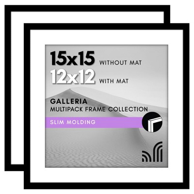 Americanflat 15x15 Picture Frame with Polished Plexiglass - Set of 2 - 12x12 with Mat or 15x15 Without Mat - Galleria - Square Frames - Black